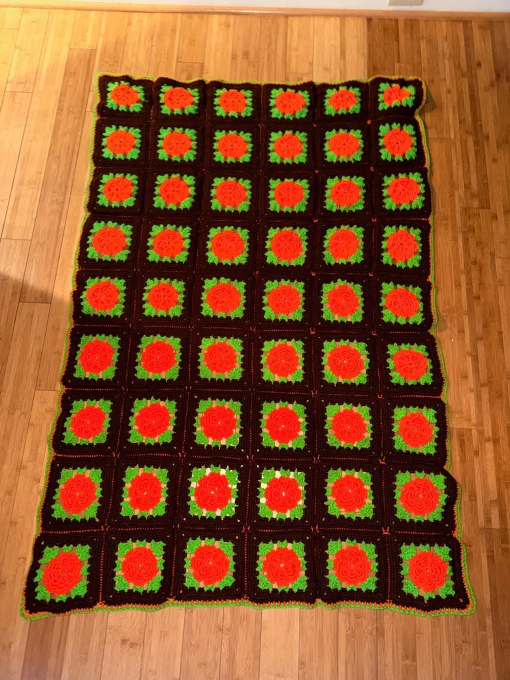 Vintage Handmade Crochet Granny Square Blanket with Orange Flowers